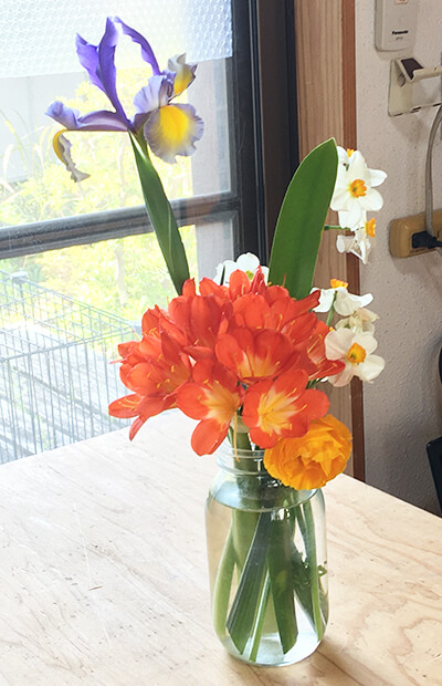 花瓶と満開の春の花